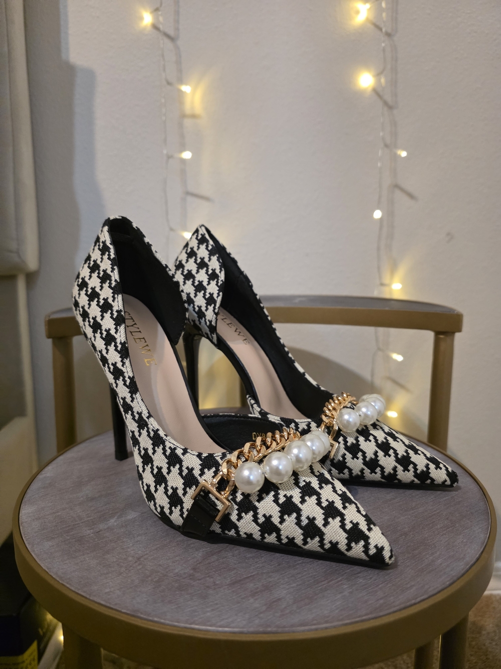 Black & White Houndstooth Pearl-Embellished Pointed Toe Pumps